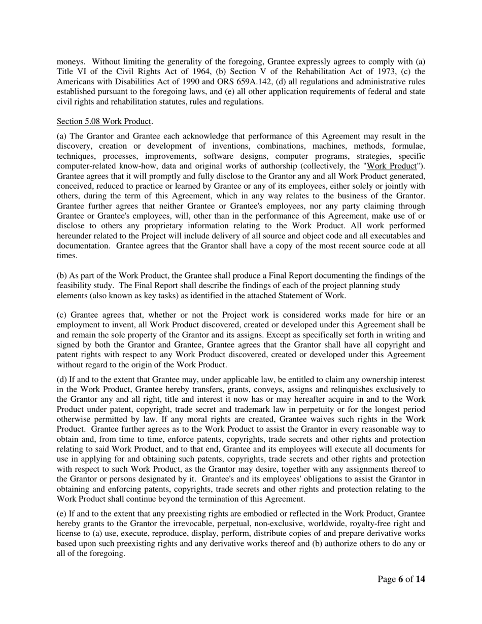 Feasibility Study Grants - Example Grant Agreement - Oregon, Page 6