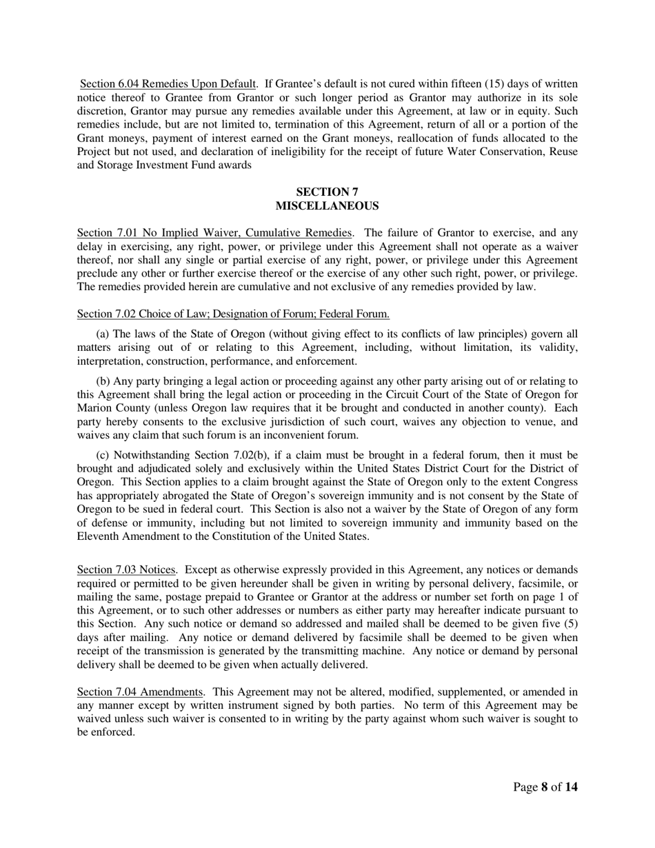 Feasibility Study Grants - Example Grant Agreement - Oregon, Page 8
