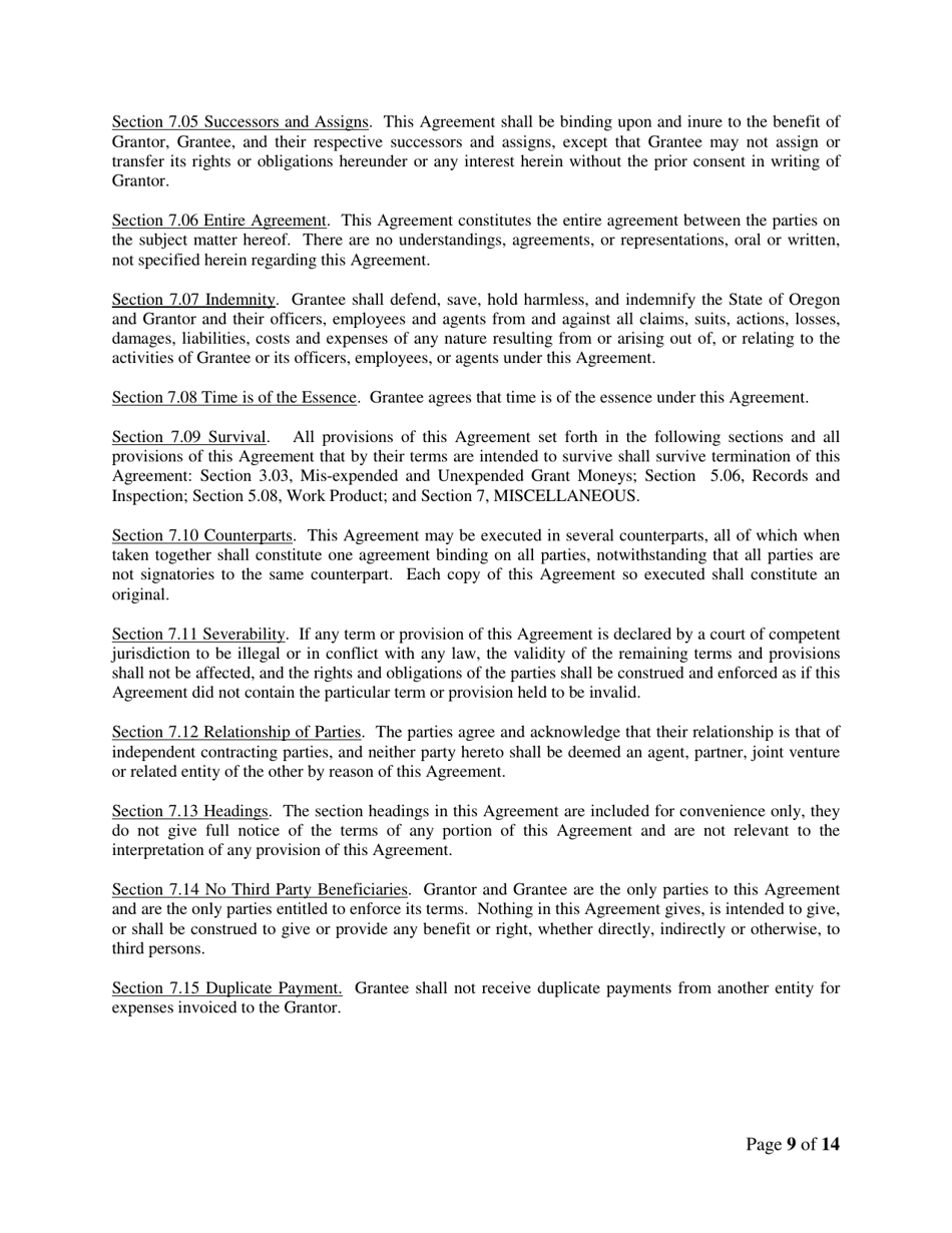 Feasibility Study Grants - Example Grant Agreement - Oregon, Page 9