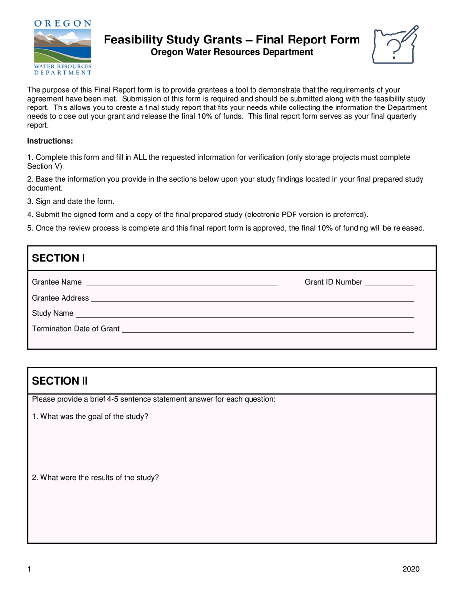 Final Report Form - Feasibility Study Grants - Oregon, Page 1