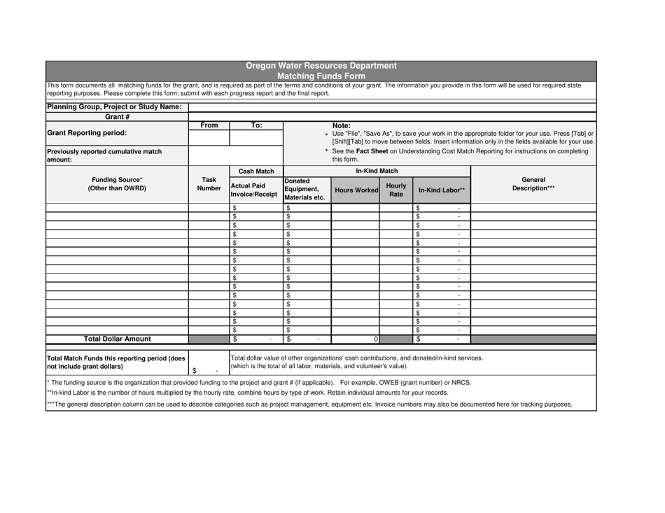 Matching Funds Form - Oregon, Page 1