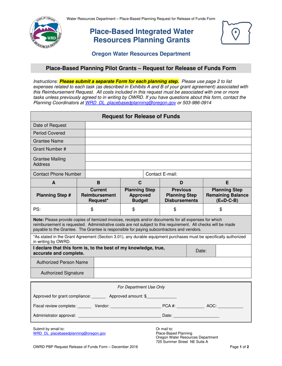 Place-Based Planning Pilot Grants - Request for Release of Funds Form - Oregon, Page 1