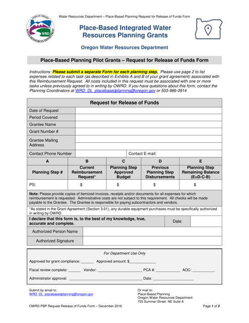 Place-Based Planning Pilot Grants - Request for Release of Funds Form - Oregon Download Pdf