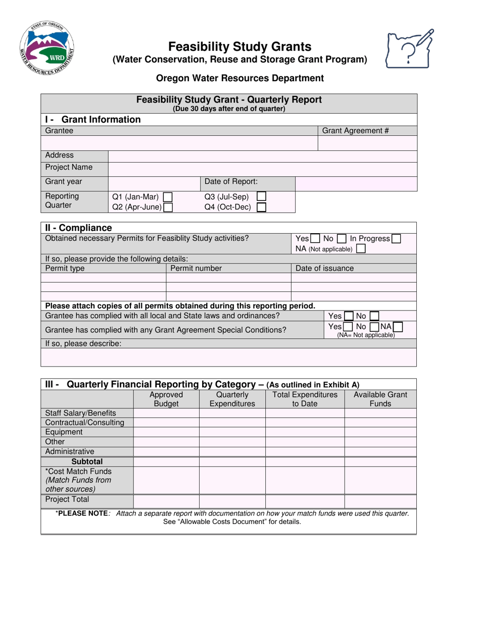 Feasibility Study Grants - Quarterly Report Form - Oregon, Page 1