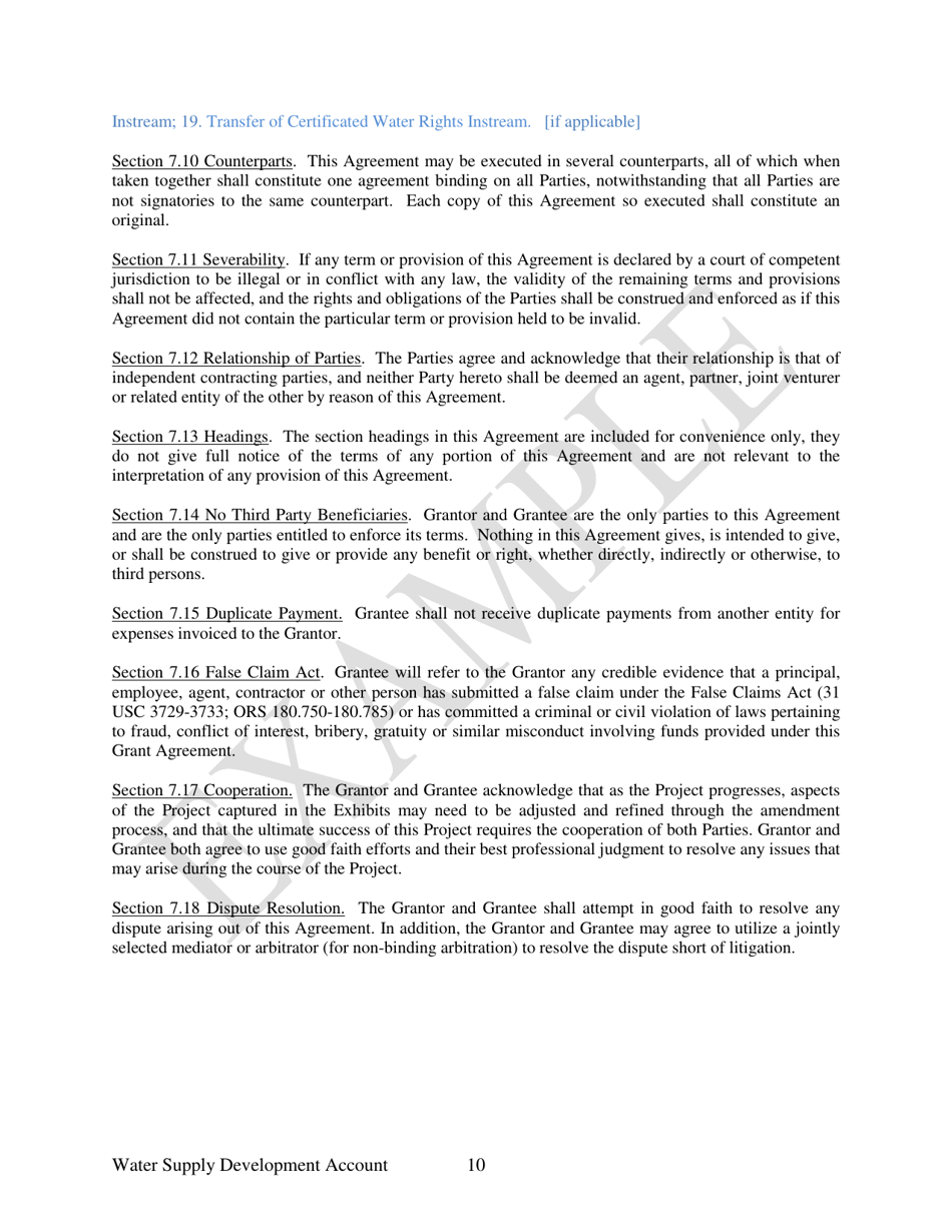 Water Supply Development Account Grant Agreement - Example - Oregon, Page 10