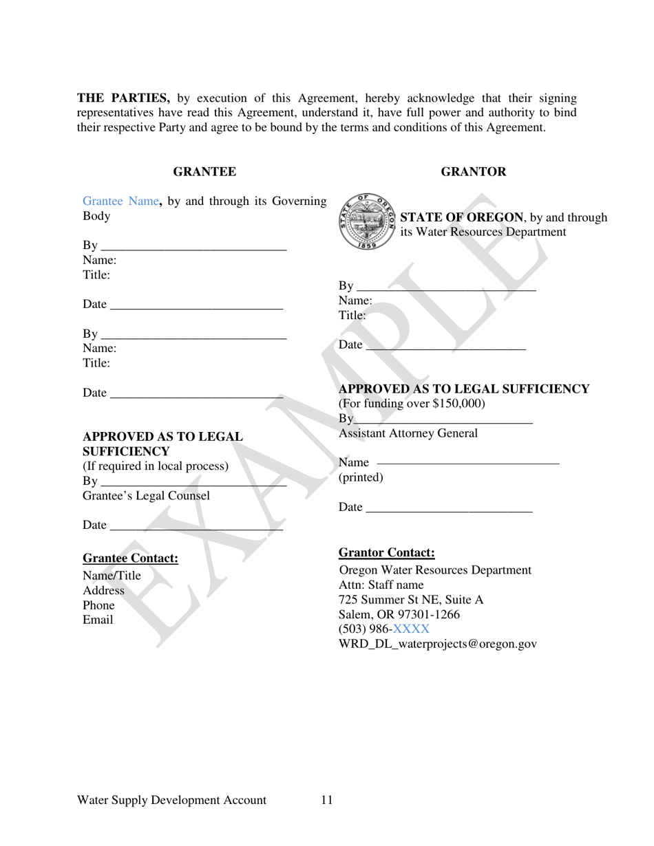 Water Supply Development Account Grant Agreement - Example - Oregon, Page 11