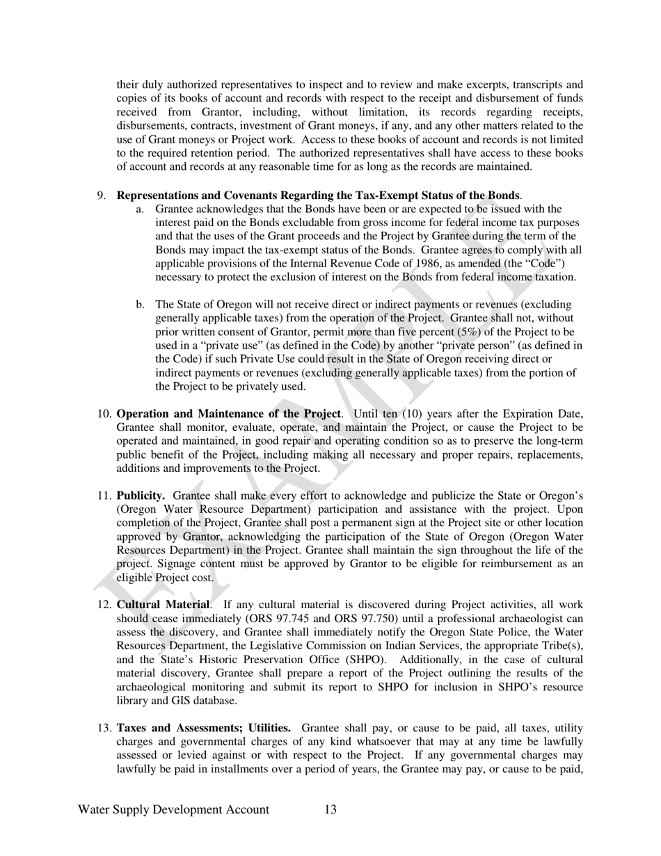 Water Supply Development Account Grant Agreement - Example - Oregon, Page 13