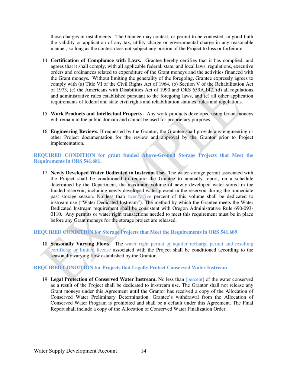Water Supply Development Account Grant Agreement - Example - Oregon, Page 14