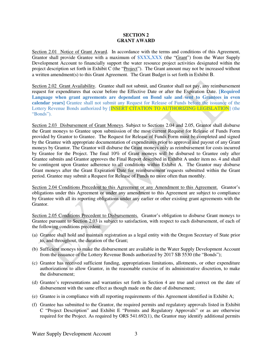 Water Supply Development Account Grant Agreement - Example - Oregon, Page 3