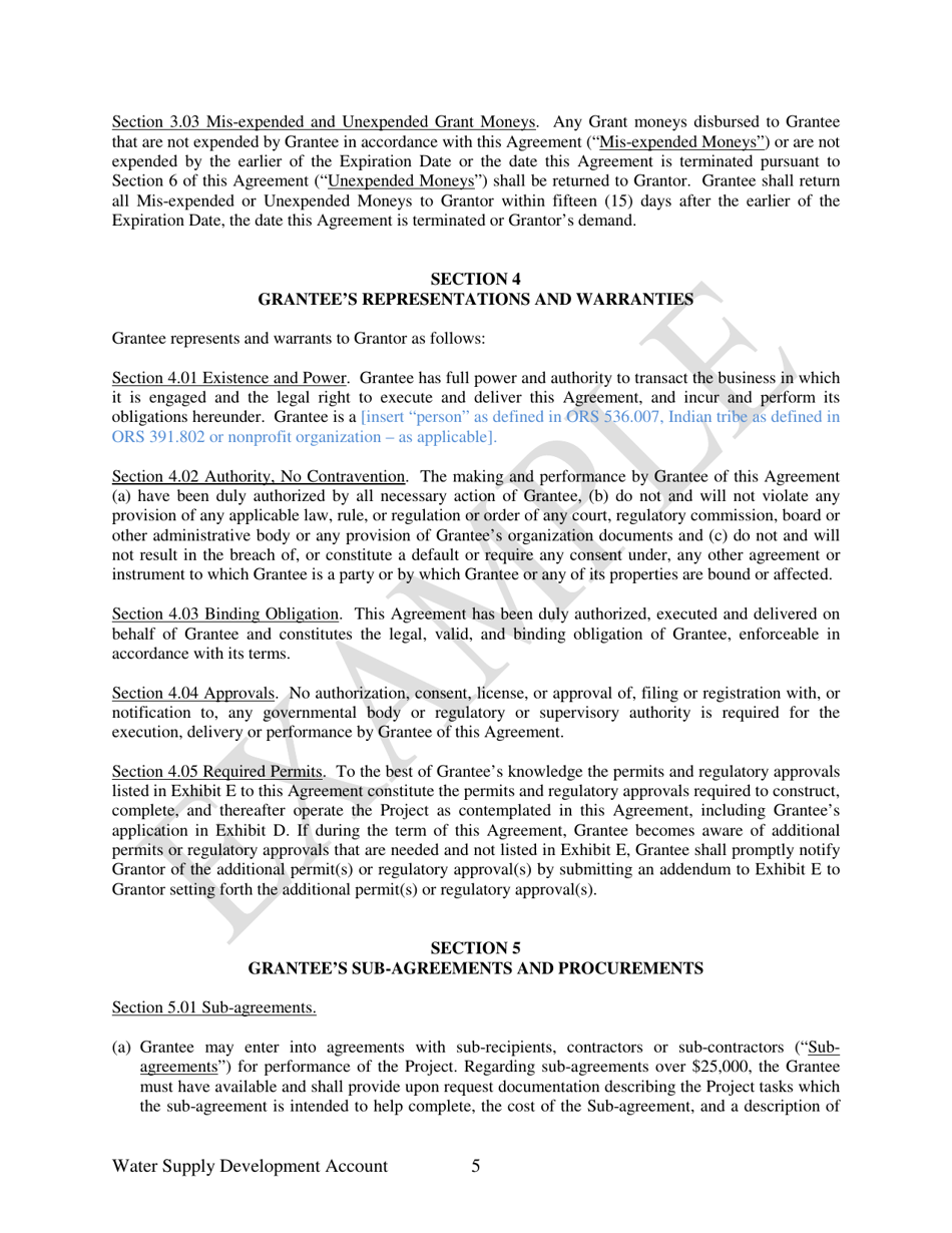 Water Supply Development Account Grant Agreement - Example - Oregon, Page 5