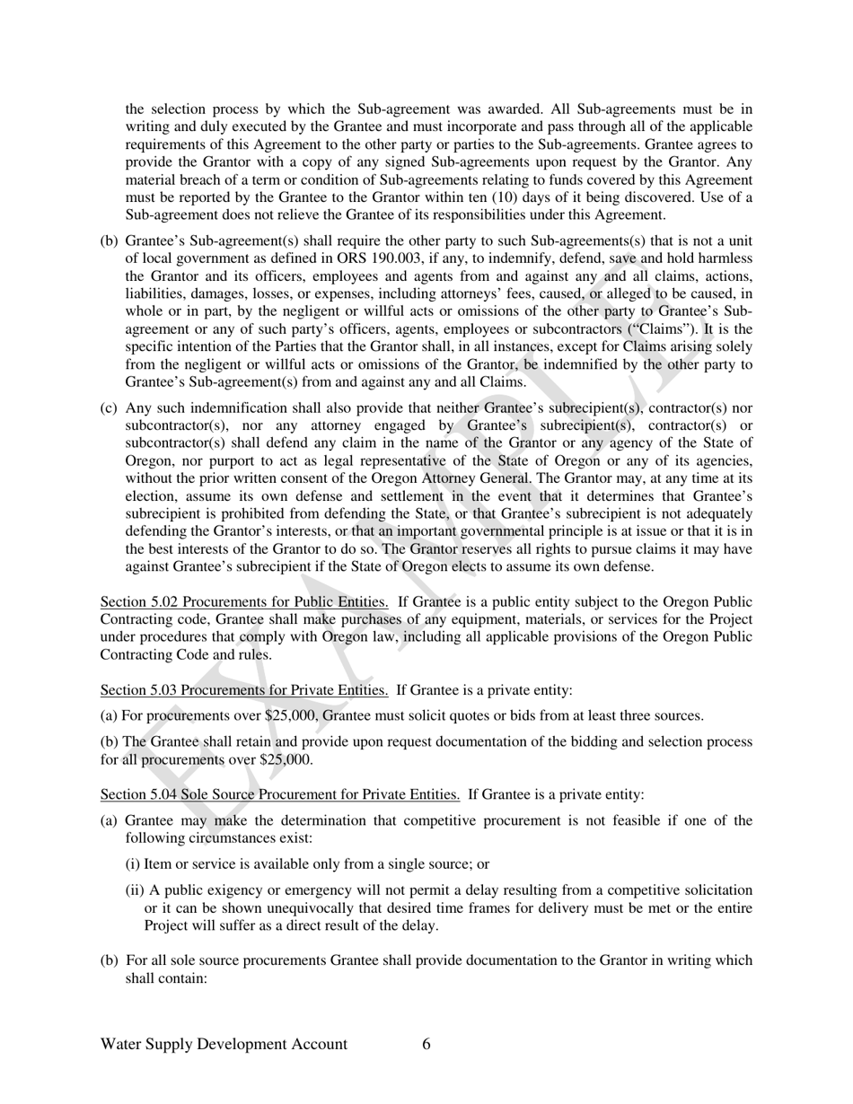Water Supply Development Account Grant Agreement - Example - Oregon, Page 6