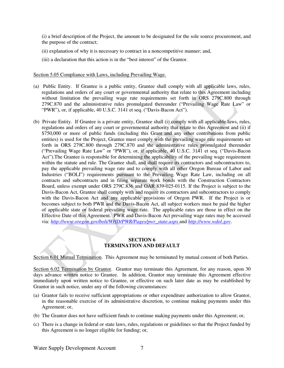 Water Supply Development Account Grant Agreement - Example - Oregon, Page 7