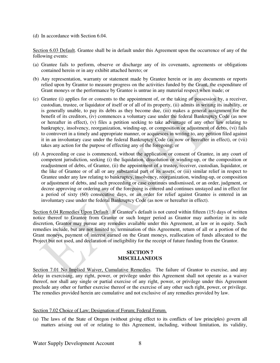 Water Supply Development Account Grant Agreement - Example - Oregon, Page 8