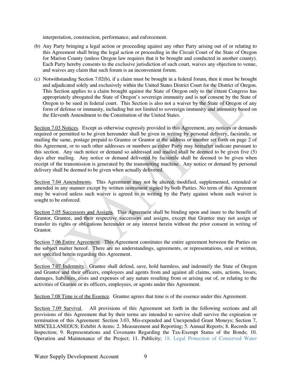 Water Supply Development Account Grant Agreement - Example - Oregon, Page 9