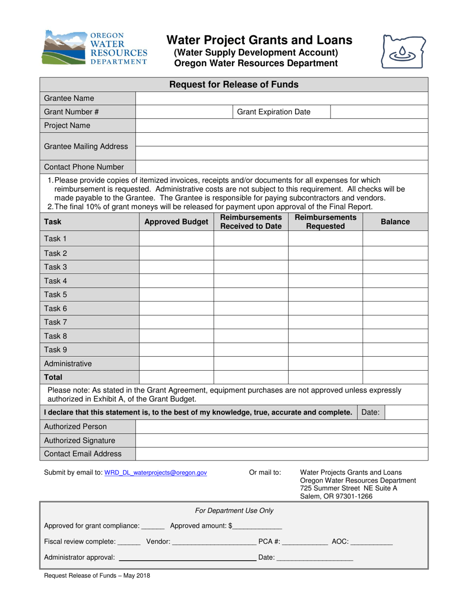 Request for Release of Funds - Water Project Grants and Loans - Oregon, Page 1