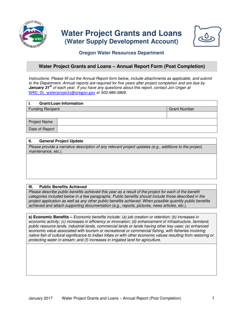 Water Project Grants and Loans - Post Completion Annual Report Form - Oregon Download Pdf