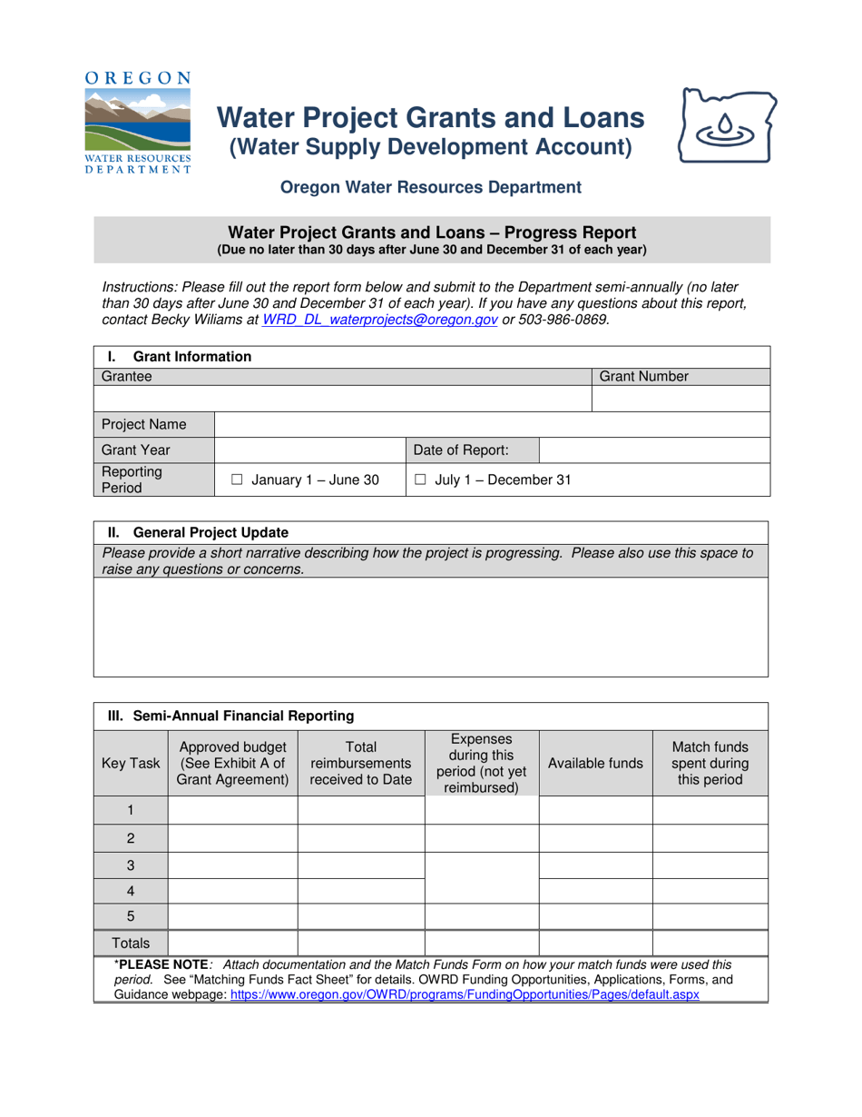 Water Project Grants and Loans - Progress Report - Oregon, Page 1