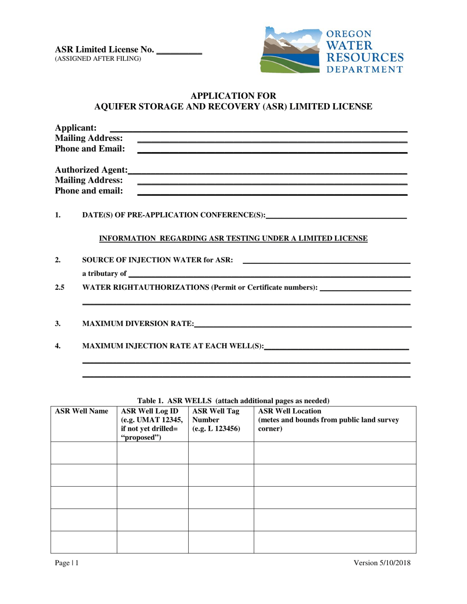 Oregon Application for Aquifer Storage and Recovery (Asr) Limited ...