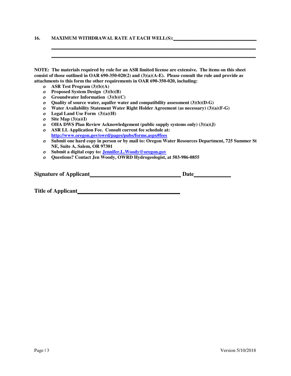 Application for Aquifer Storage and Recovery (Asr) Limited License - Oregon, Page 3