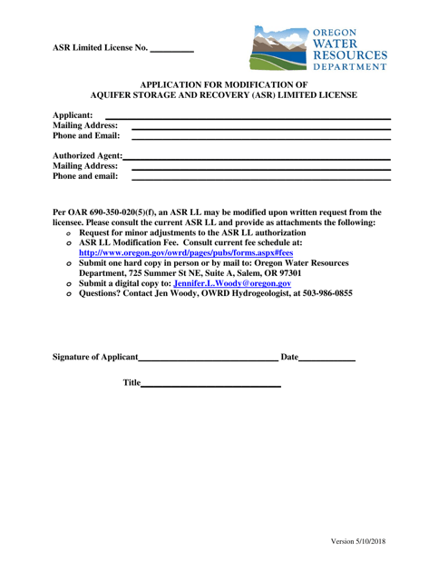 Application for Modification of Aquifer Storage and Recovery (Asr) Limited License - Oregon