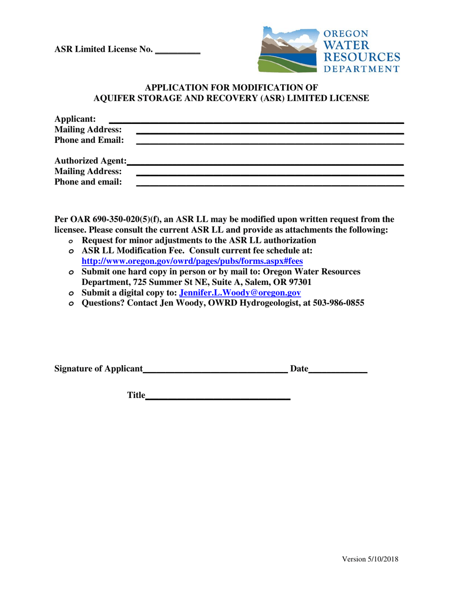 Application for Modification of Aquifer Storage and Recovery (Asr) Limited License - Oregon, Page 1