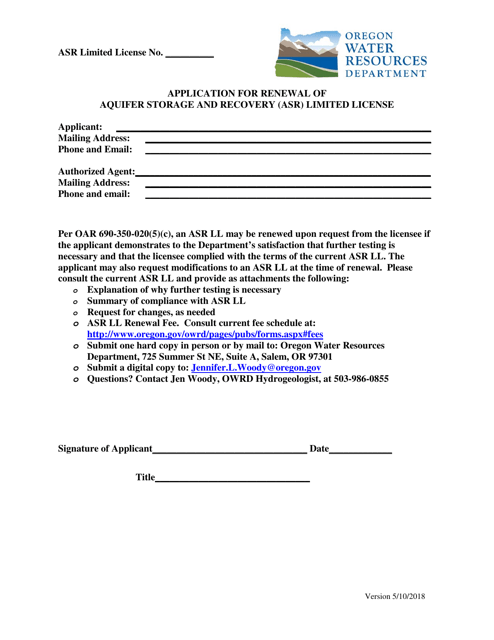 Application for Renewal of Aquifer Storage and Recovery (Asr) Limited License - Oregon Download Pdf