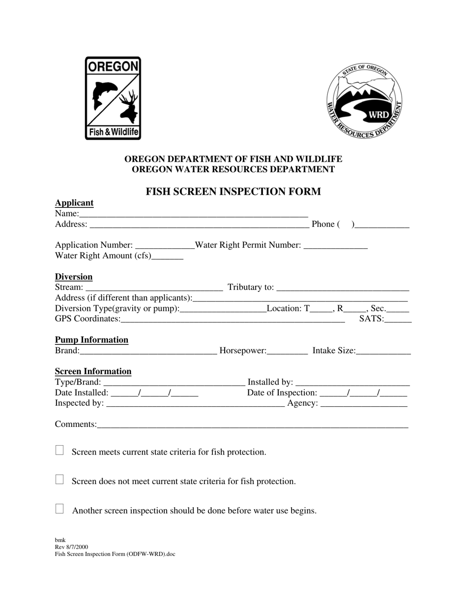 Fish Screen Inspection Form - Oregon, Page 1