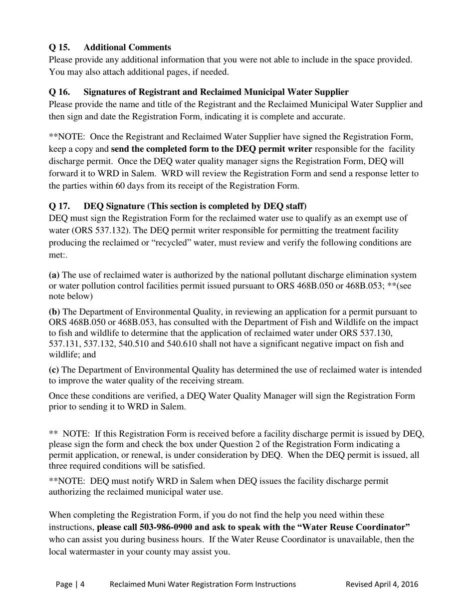 Instructions for Municipal Reclaimed Water Registration Form - Oregon, Page 4