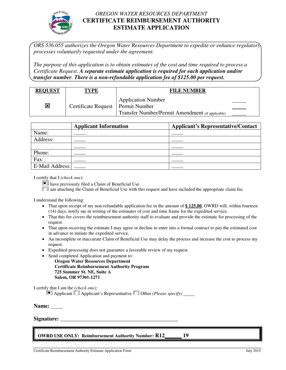 Certificate Reimbursement Authority Estimate Application - Oregon, Page 1