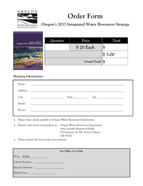 Oregon's 2017 Integrated Water Resources Strategy (Iwrs) Order Form - Oregon