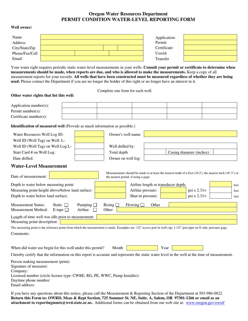 Permit Condition Water-Level Reporting Form - Oregon, Page 1