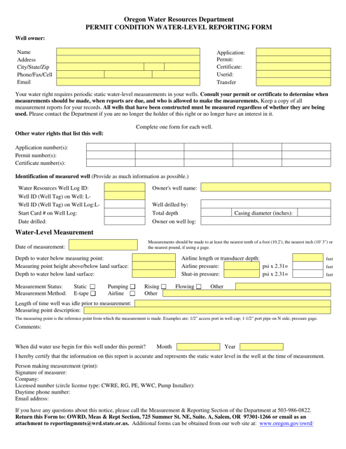 Permit Condition Water-Level Reporting Form - Oregon Download Pdf