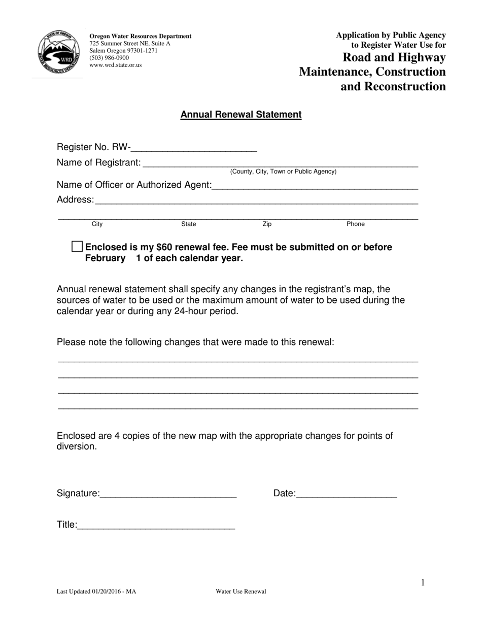Annual Renewal Application for Public Agency to Register Water Use for Road and Highway Maintenance, Construction and Reconstruction - Oregon, Page 1