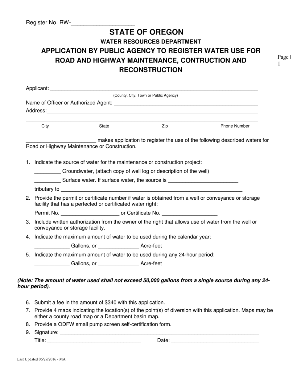 Application by Public Agency to Register Water Use for Road and Highway Maintenance, Construction and Reconstruction - Oregon, Page 1