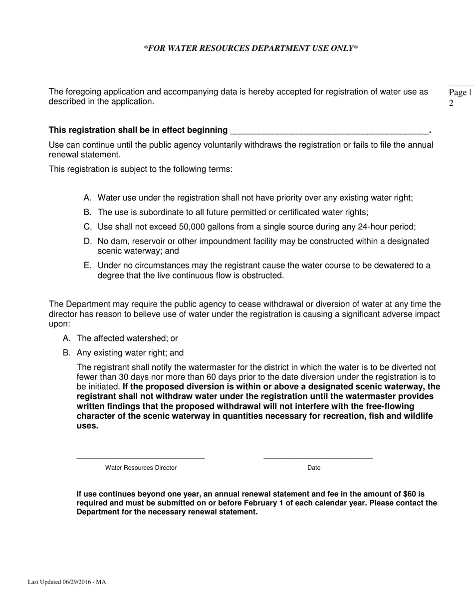 Application by Public Agency to Register Water Use for Road and Highway Maintenance, Construction and Reconstruction - Oregon, Page 2