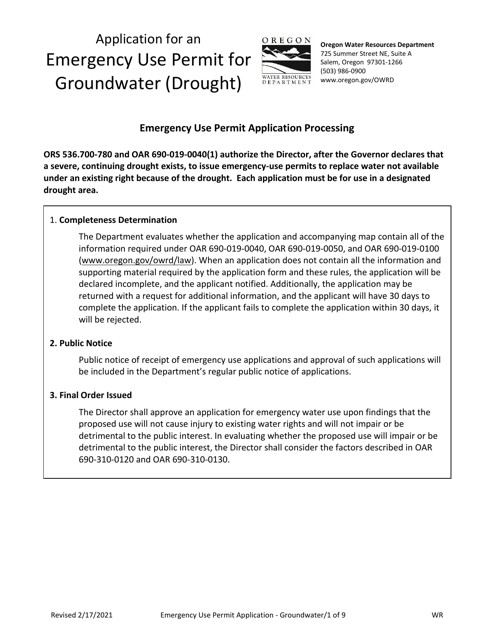 Application for an Emergency Use Permit for Groundwater (Drought) - Oregon Download Pdf