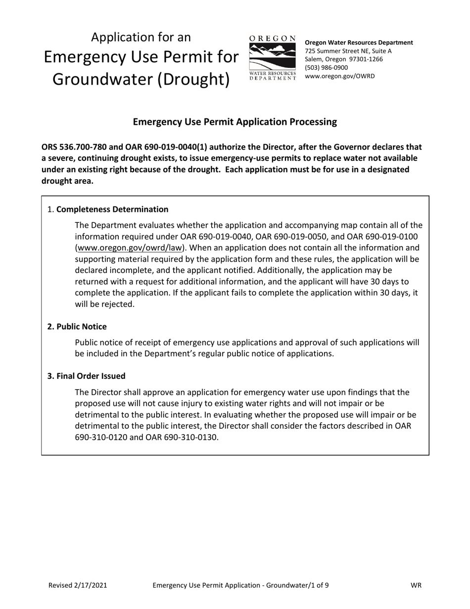 Application for an Emergency Use Permit for Groundwater (Drought) - Oregon, Page 1