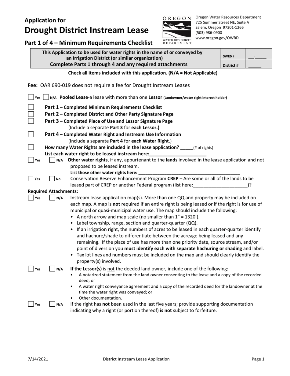 Application for Drought District Instream Lease - Oregon, Page 1