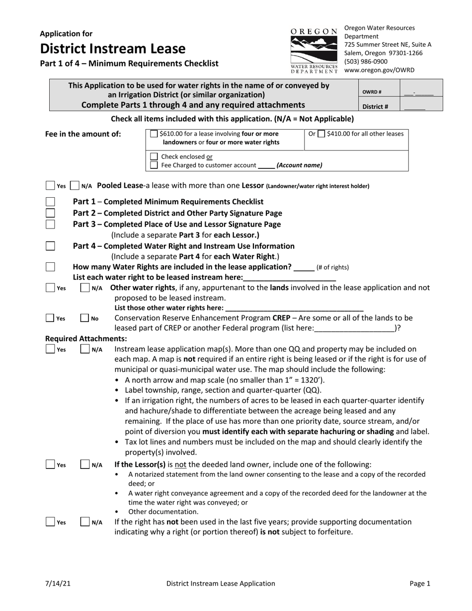 Application for District Instream Lease - Oregon, Page 1