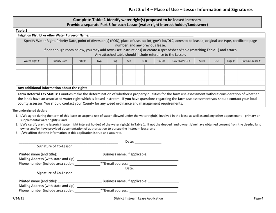 Application for District Instream Lease - Oregon, Page 4