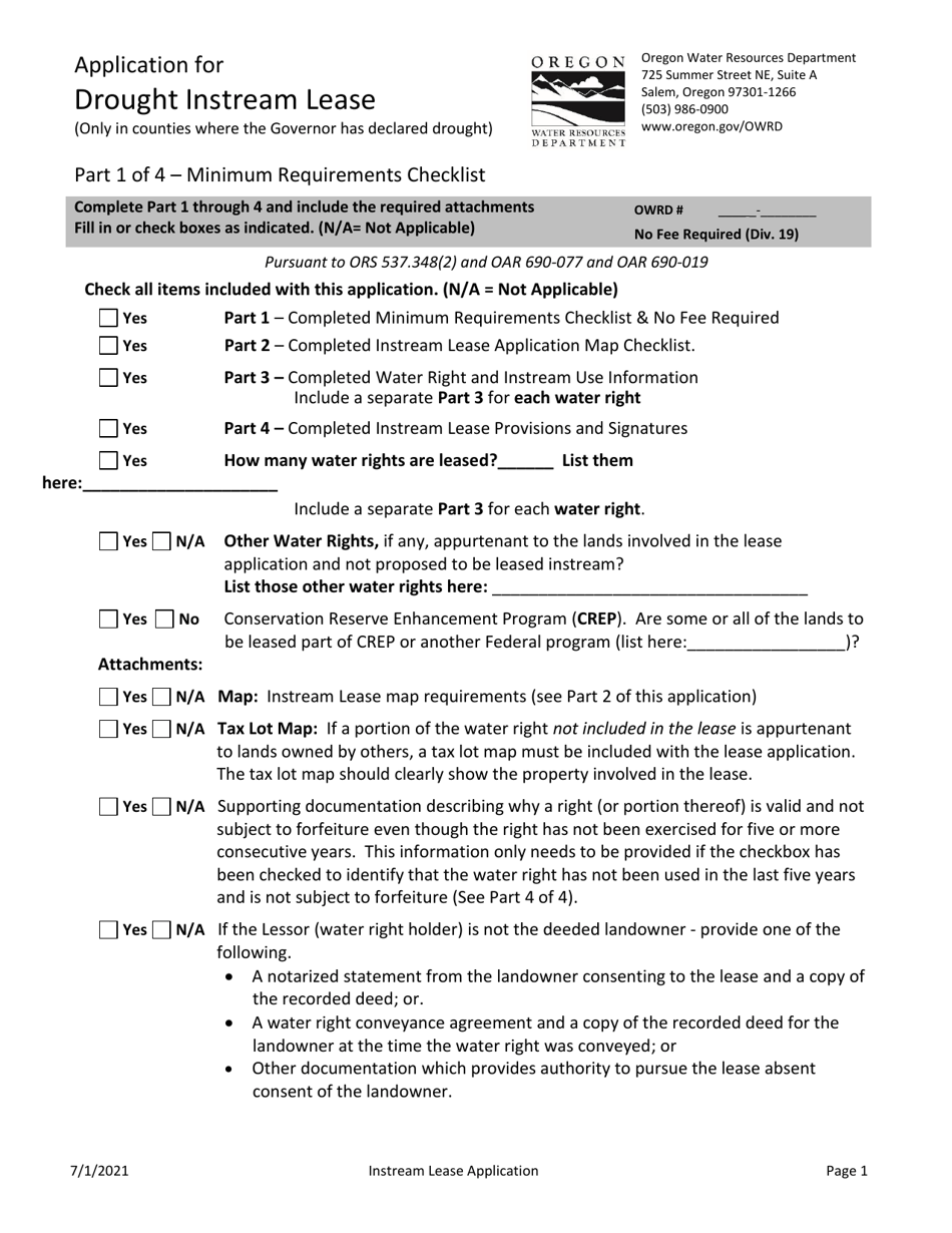 Application for Drought Instream Lease - Oregon, Page 1