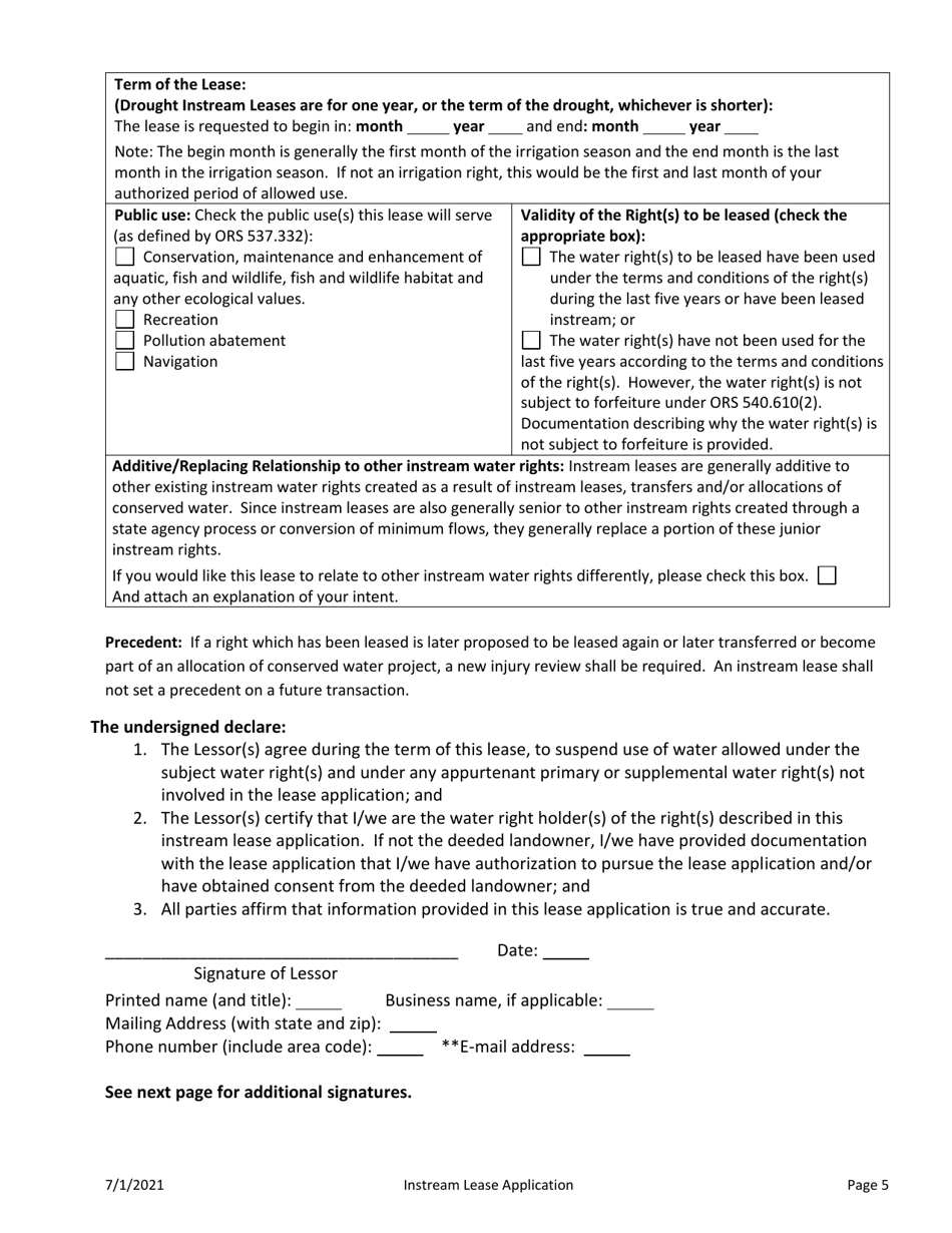 Application for Drought Instream Lease - Oregon, Page 5