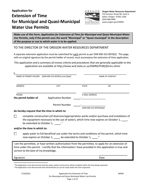 Application for Extension of Time for Municipal and Quasi-Municipal Water Use Permits - Oregon Download Pdf