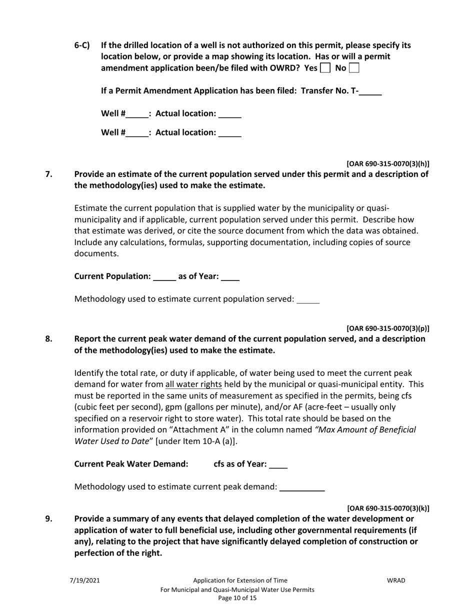 Application for Extension of Time for Municipal and Quasi-Municipal Water Use Permits - Oregon, Page 10