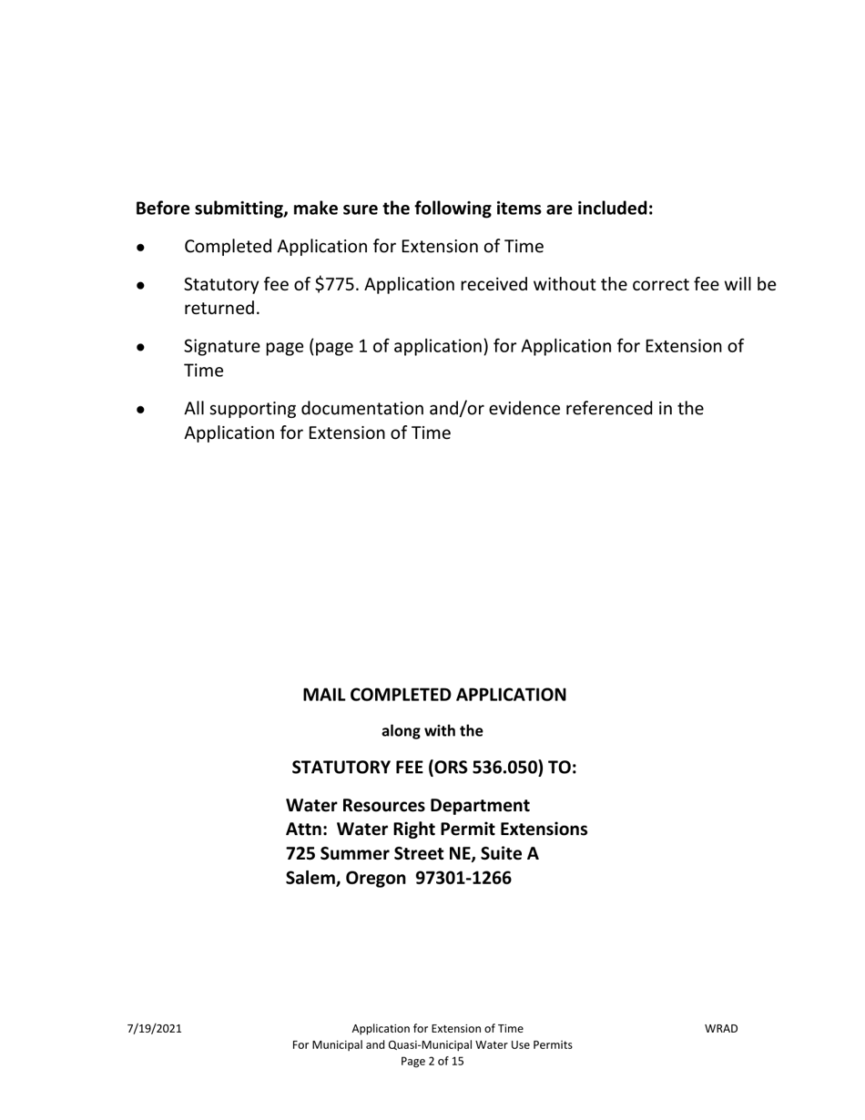 Application for Extension of Time for Municipal and Quasi-Municipal Water Use Permits - Oregon, Page 2