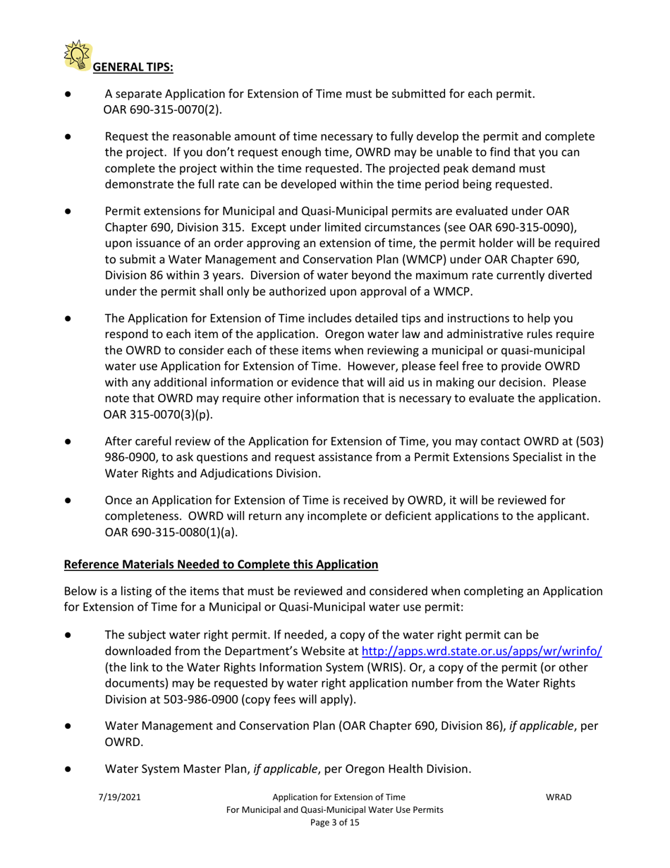 Application for Extension of Time for Municipal and Quasi-Municipal Water Use Permits - Oregon, Page 3