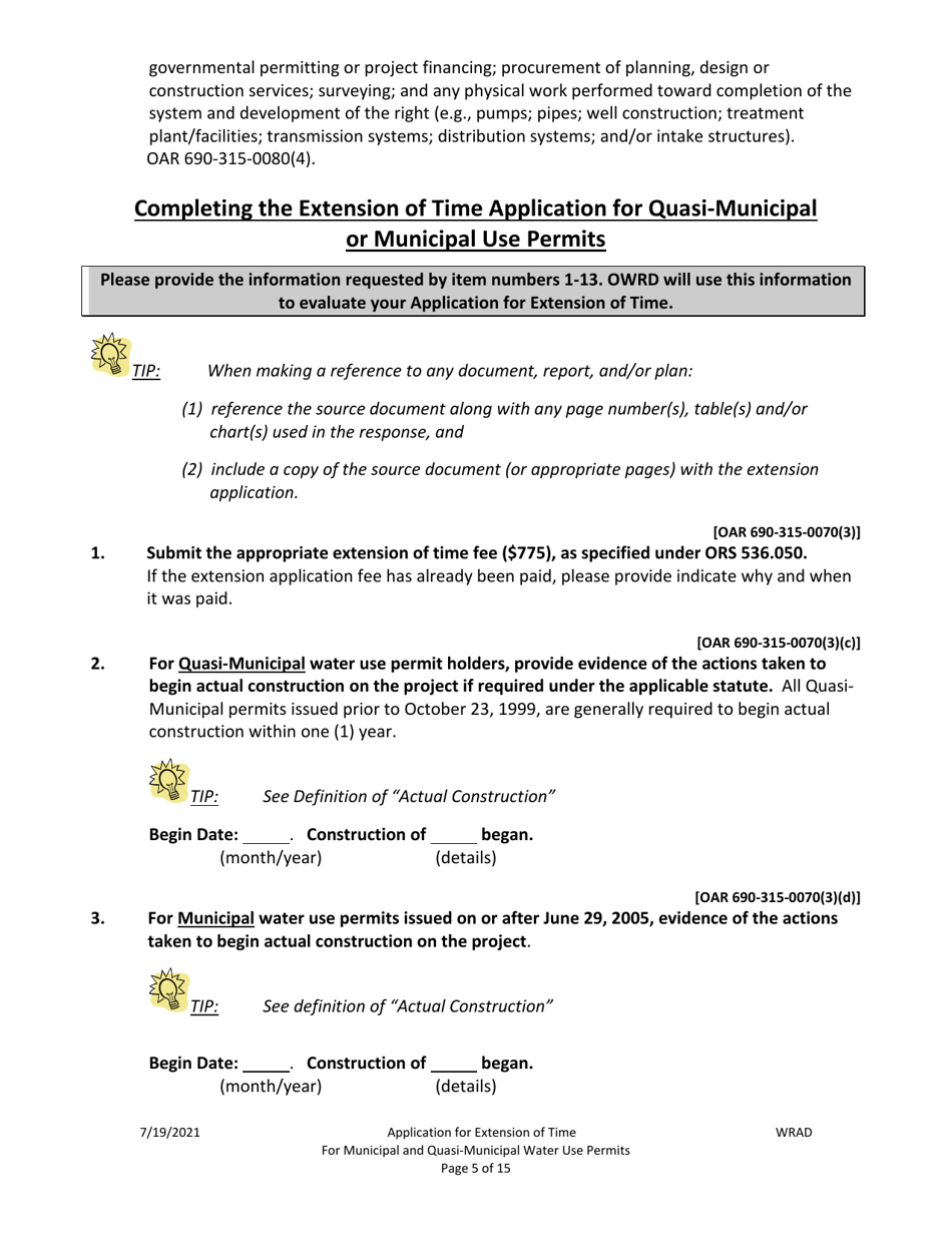 Application for Extension of Time for Municipal and Quasi-Municipal Water Use Permits - Oregon, Page 5