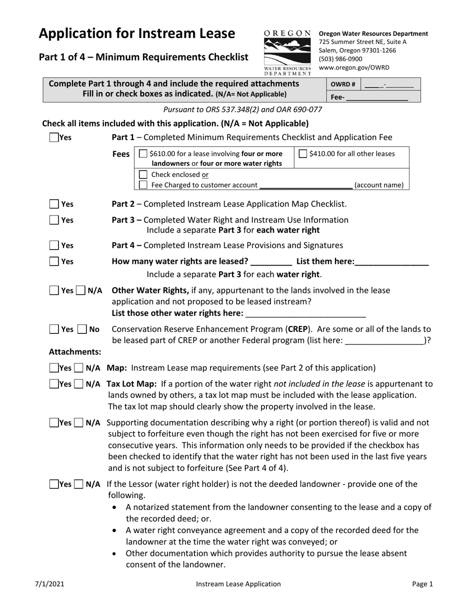 Application for Instream Lease - Oregon, Page 1