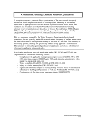 Document preview: Criteria for Evaluating Alternate Reservoir Applications - Oregon
