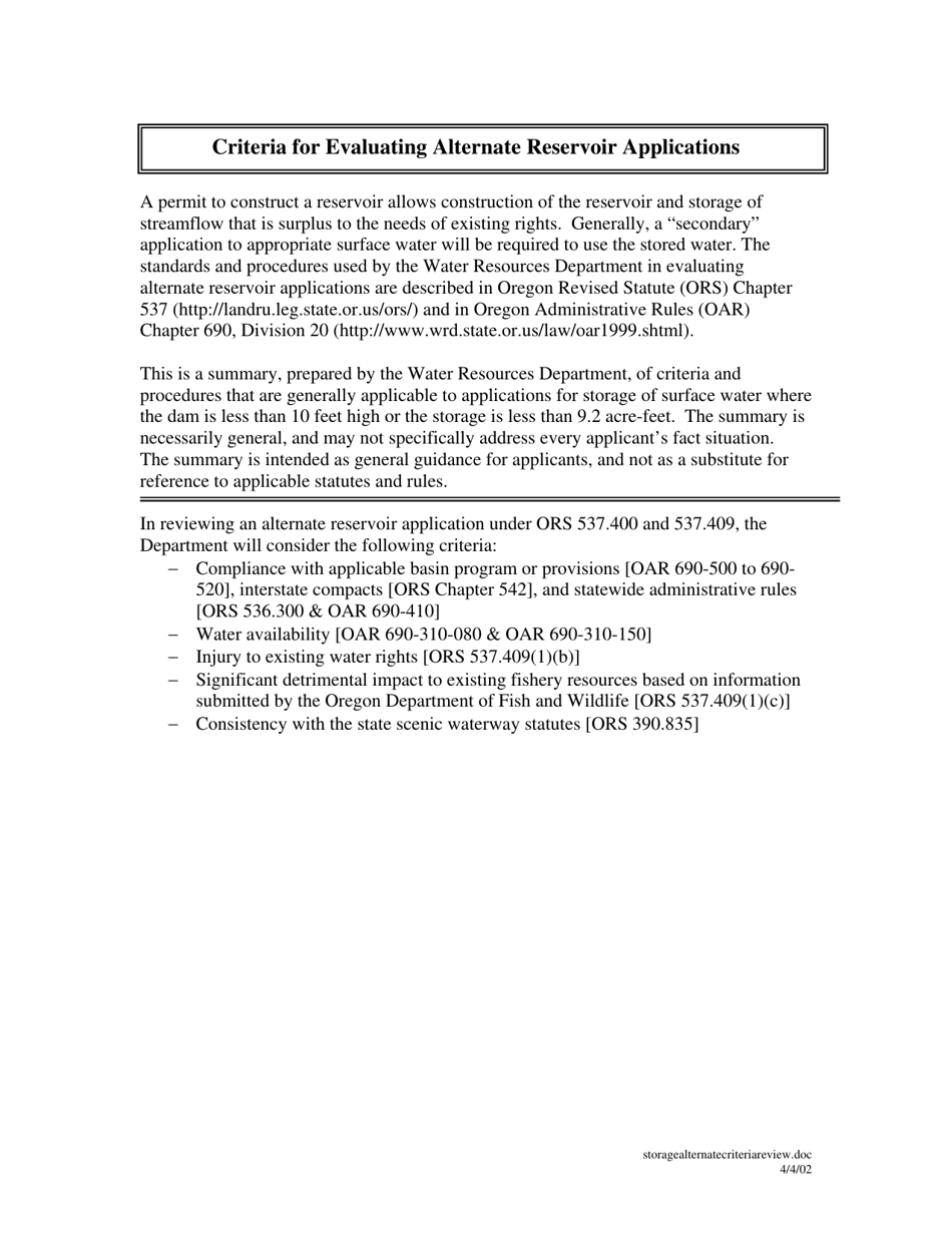 Criteria for Evaluating Alternate Reservoir Applications - Oregon, Page 1